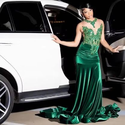Exquisite Dark Green Velvet Mermaid Prom Dresses African Girls 2025 Crystal Wedding Party Gowns Customized