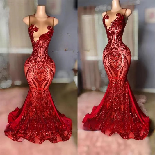 Vestido de fiesta de sirena con lentejuelas rojas brillantes, cuello redondo y purpurina, para fiesta de cumpleaños, personalizado