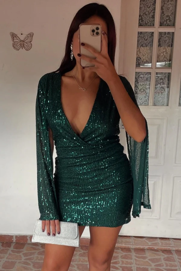 Sheath Low V Neck Long Sleeves Fully Sequins Homecoming Dress