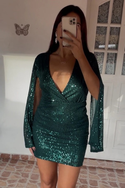 Sheath Low V Neck Long Sleeves Fully Sequins Homecoming Dress