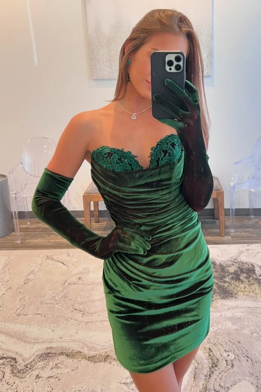 Sheath Strapless Appliques Long Gloves Velvet Homecoming Dress