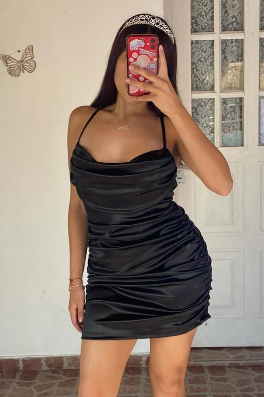 Sheath Strapless Spaghetti Straps Ruched Black Homecoming Dress