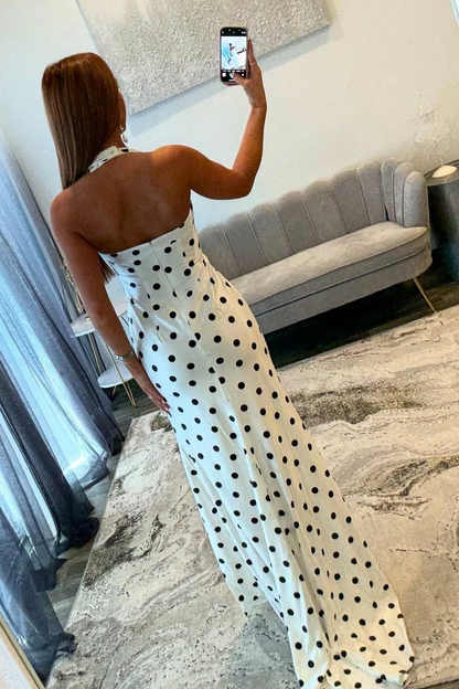 Sheath Sweetheart Satin Long Prom Dresses Black Dots Halter Neck Evening Gowns with Split