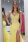 Sheath V Neck Spaghetti Straps Sleeveless Pleated Fully Sequins Appliques Prom Party Gown High Side Slit and Train Open Back Evening Dress
