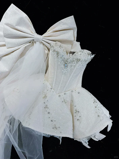 Shiny A Line Sweetheart Neck Beaded White Sequin Bow Short Homecoming Dresses Birthday Dresses