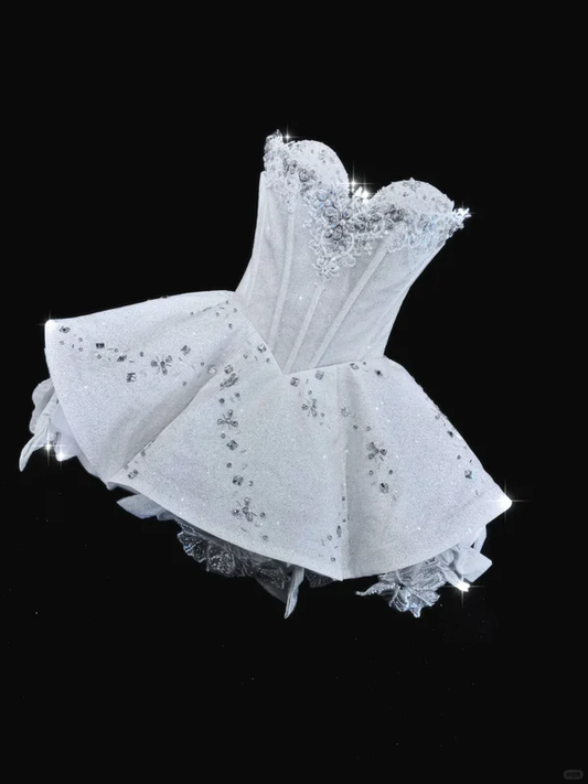 Shiny A Line Sweetheart Neck Beaded White Sequin Bow Short Homecoming Dresses Birthday Dresses