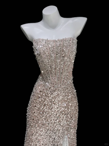 Shiny Sheath Strapless Corset Sequin Prom Dresses Birthday Dresses with Slit