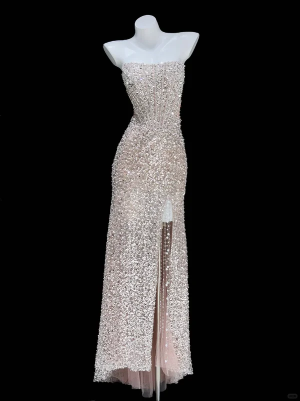 Shiny Sheath Strapless Corset Sequin Prom Dresses Birthday Dresses with Slit