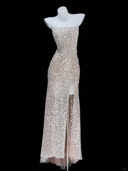 Shiny Sheath Strapless Corset Sequin Prom Dresses Birthday Dresses with Slit