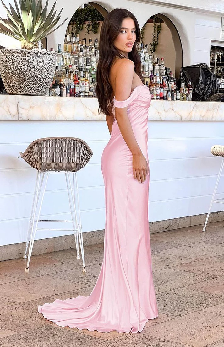 Shoulder Satin Pink Evening Dress UK Floor length Mermaid
