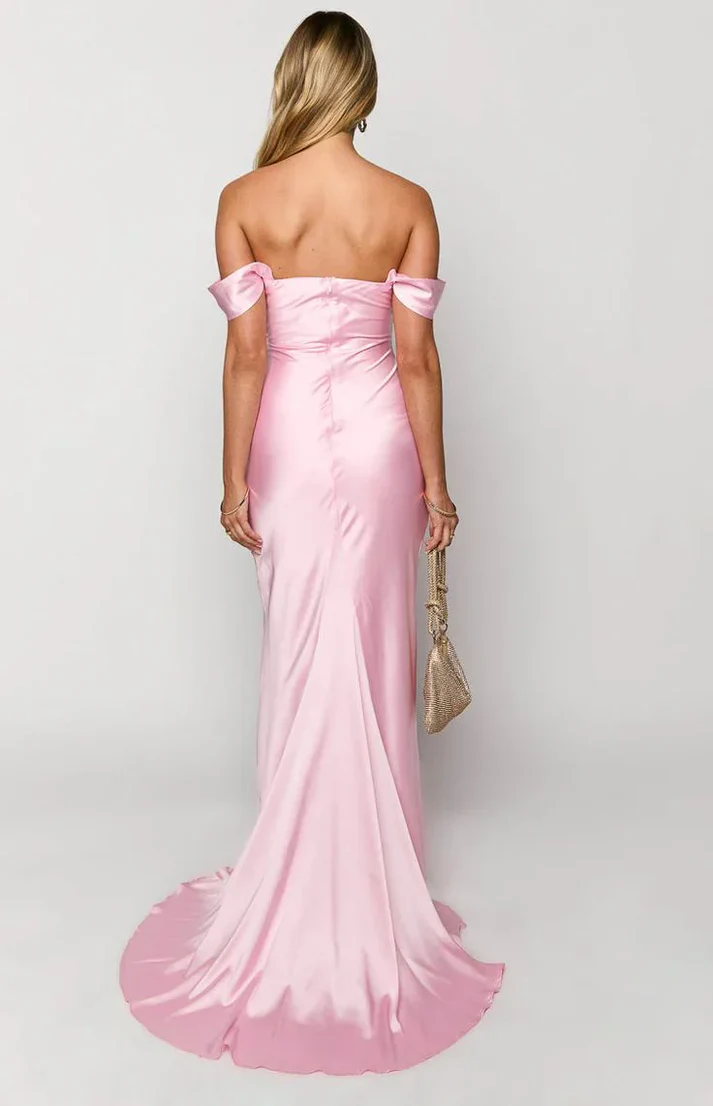 Shoulder Satin Pink Evening Dress UK Floor length Mermaid