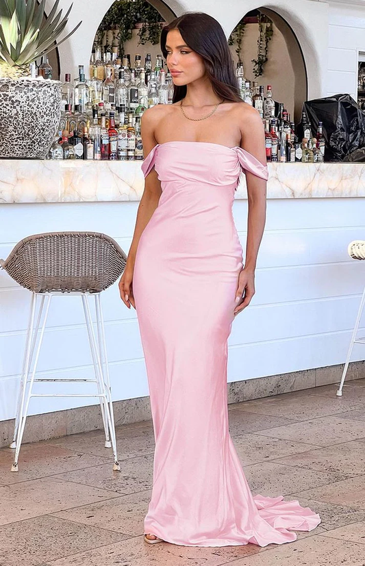 Shoulder Satin Pink Evening Dress UK Floor length Mermaid