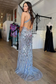 Silver V Neck Tulle Beaded Mermaid Prom Dress with Slit
