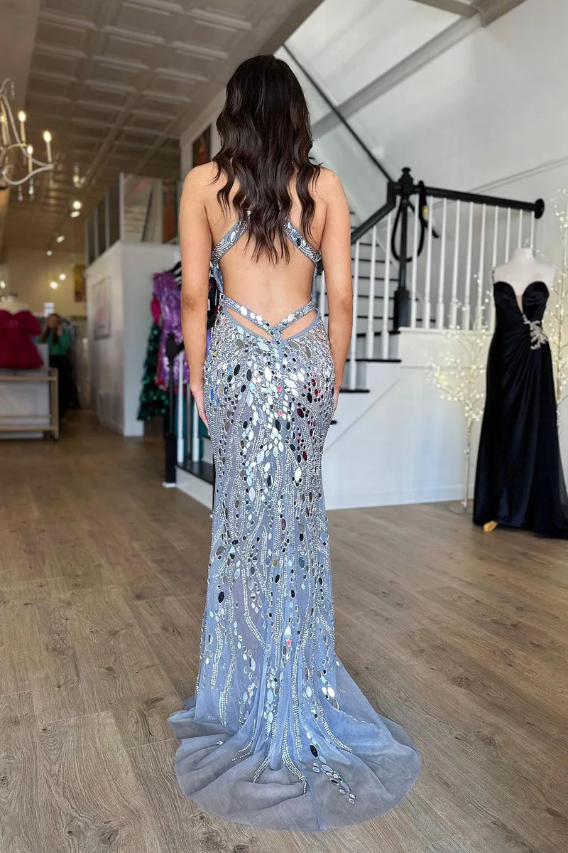 Silver V Neck Tulle Beaded Mermaid Prom Dress with Slit