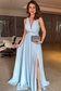 Simple A-Line Low V Neck Sleeveless Pleated Ruched Beade Prom Party Dress High Side Slit and Train Formal Evening Dress Cocktail Dress