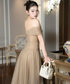 Simple A Line Off the Shoulder Mocha Tulle Long Prom Dress Evening Dres
