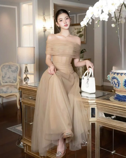 Simple A Line Off the Shoulder Mocha Tulle Long Prom Dress Evening Dres