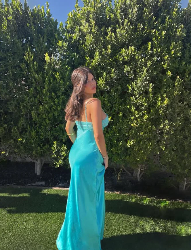 Simple Lake Blue A Line Spaghetti Strap Lace Satin Prom Dress
