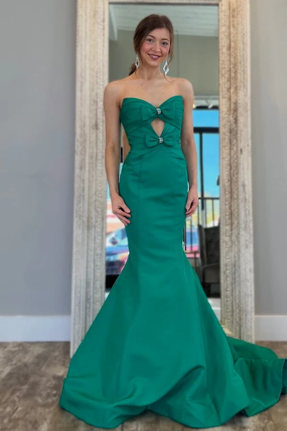 Simple Mermaid Strapless Sleeveless Pleated Bow Knot Prom Party Dress Floor Length Formal Evening Dress