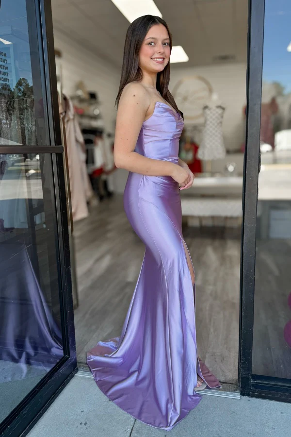 Simple & Casual Sheath V Neck Sleeveless Pleated High Side Slit and Train Back Zipper Prom Party Dress Bridesmaid Dress Cocktail Dress