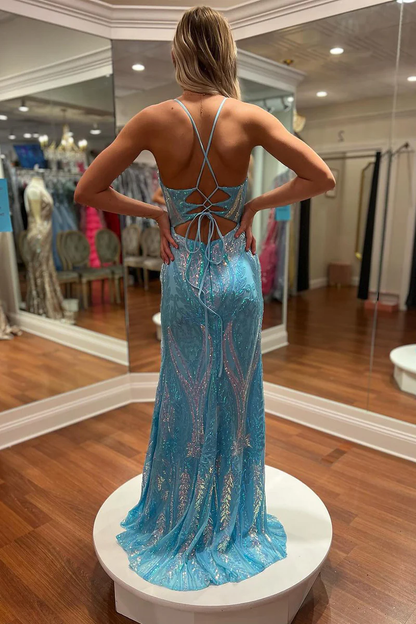 Sky Blue V Neck Sequins Lace Mermaid Long Prom Dresses with Slit