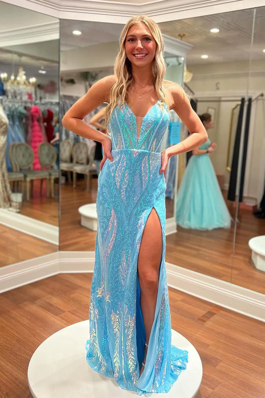 Sky Blue V Neck Sequins Lace Mermaid Long Prom Dresses with Slit