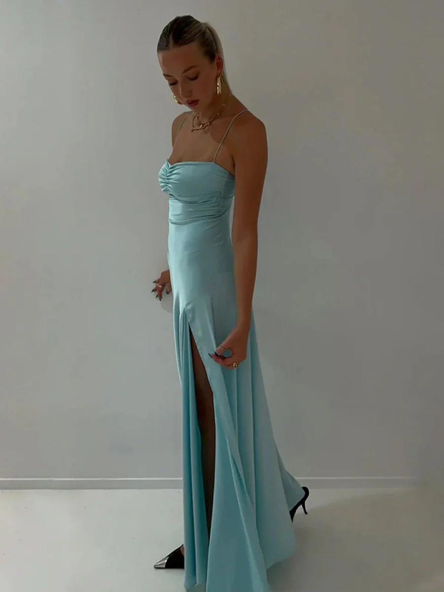 Spaghetti Straps Sheath Long Prom Dresses With Split