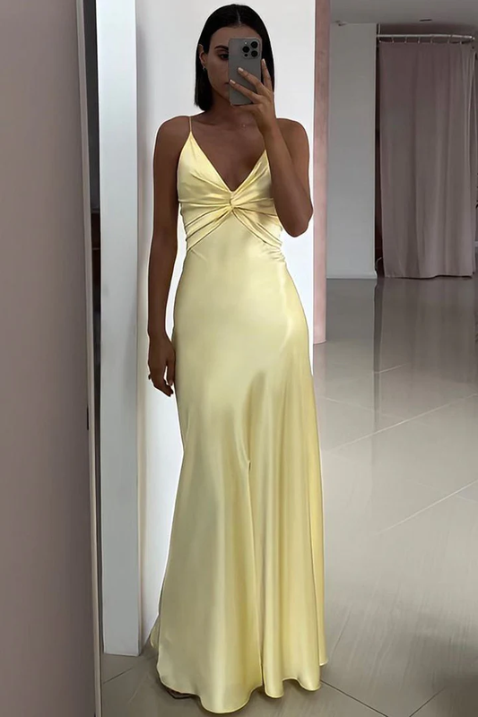 Spaghetti Straps V-Neck Pleats Satin Sleeveless Long Party Prom Dress
