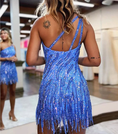 Sparkly Blue One Shoulder Sequins Tight Short Hoco Dress with Fringes