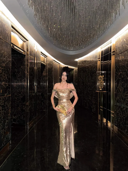 Sparkly Mermaid Off the Shoulder Sleeveless Backless Floor-Length Prom Dress