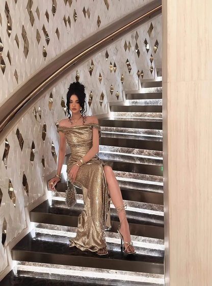 Sparkly Mermaid Off the Shoulder Sleeveless Backless Floor-Length Prom Dress