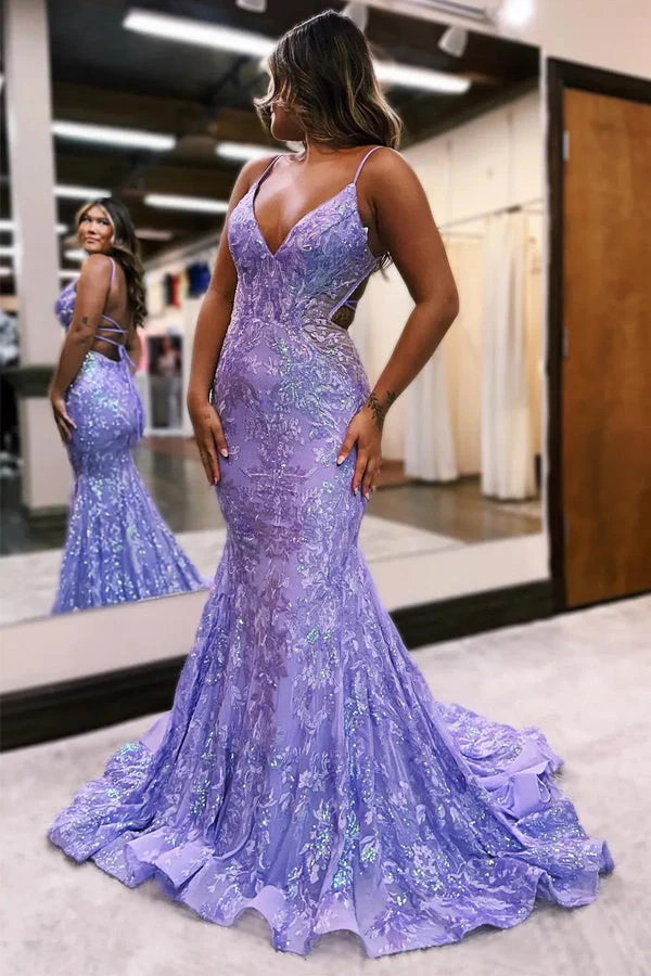 Sparkly Mermaid Spaghetti Straps Blue Prom Dress with Sequined