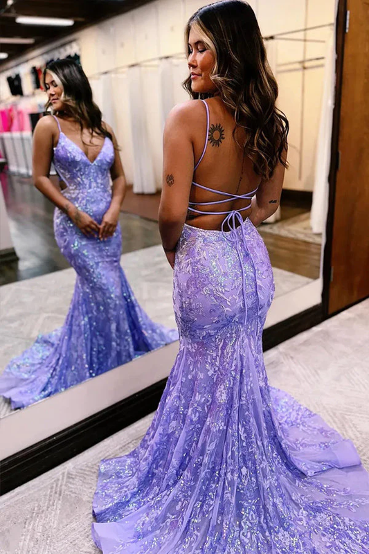 Sparkly Mermaid Spaghetti Straps Blue Prom Dress with Sequined