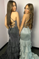 Sparkly Mermaid V Neck Black Slit Prom Dress with Hot Stone Beading