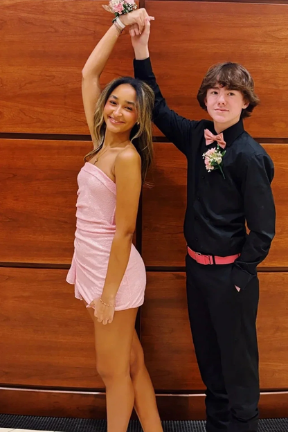 Sparkly Pink Sequin Strapless Ruched Mini Homecoming Dress with Side Drape