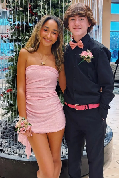 Sparkly Pink Sequin Strapless Ruched Mini Homecoming Dress with Side Drape