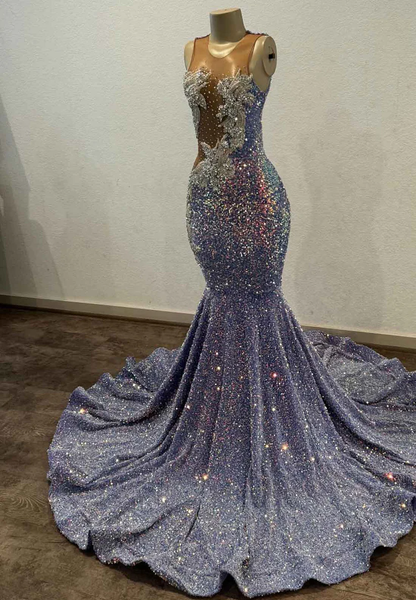 Sparkly V-Neck Sequins Beaded Mermaid Prom Dress for Black Girls