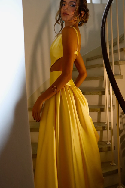 Square Neckline Yellow Satin A-line Long Prom Dress