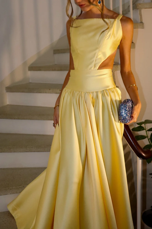 Square Neckline Yellow Satin A-line Long Prom Dress