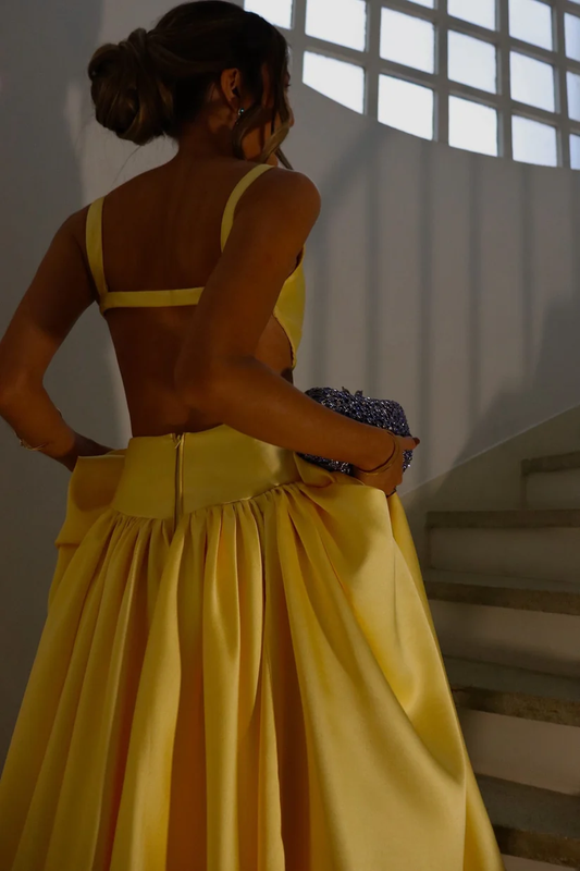 Square Neckline Yellow Satin A-line Long Prom Dress