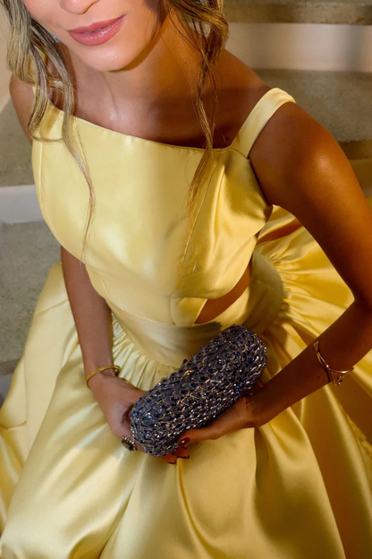 Square Neckline Yellow Satin A-line Long Prom Dress