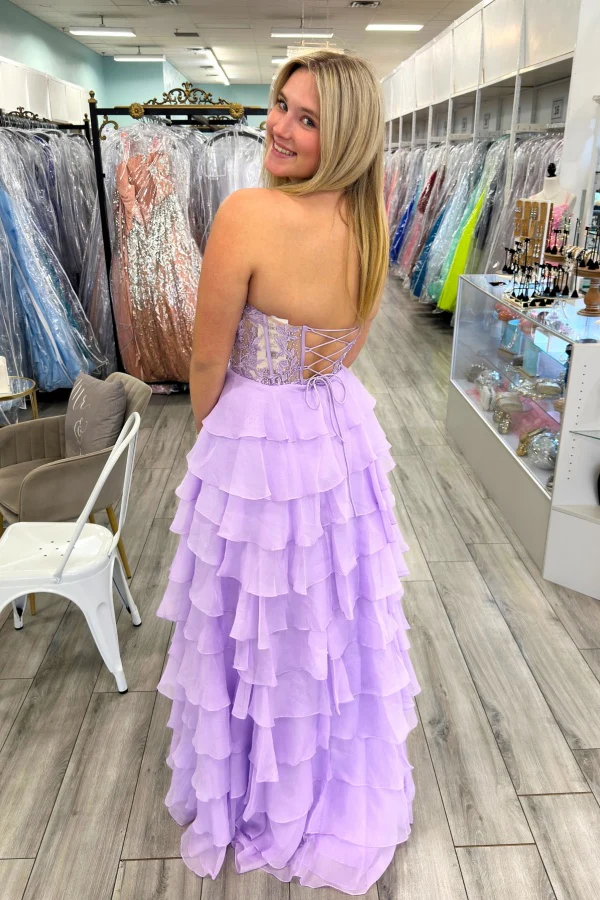 Strapless Appliques Chiffon Tiered Prom Dress with High Side Slit
