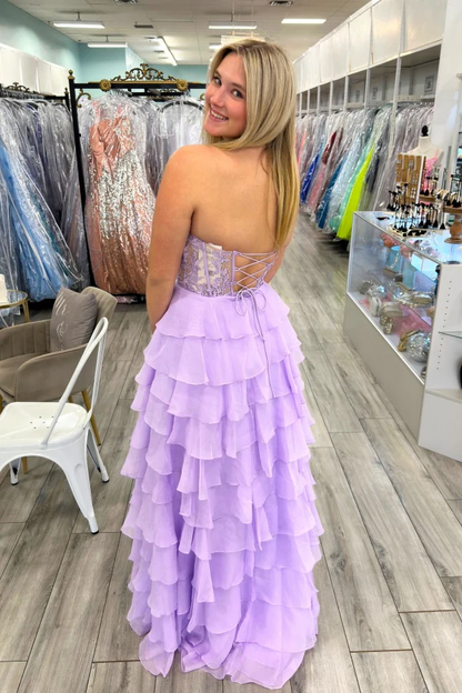 Strapless Appliques Chiffon Tiered Prom Dress with High Side Slit