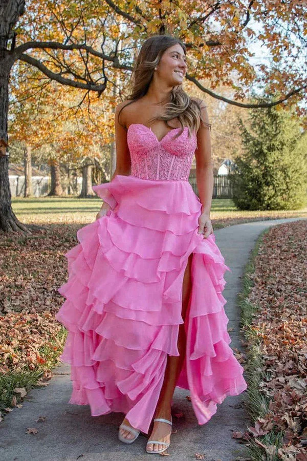 Strapless Appliques Chiffon Tiered Prom Dress with High Side Slit