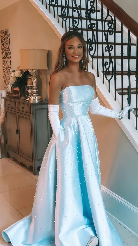 Vestido de fiesta de cumpleaños sin tirantes con cuentas de perlas azul claro, vestido largo para graduación