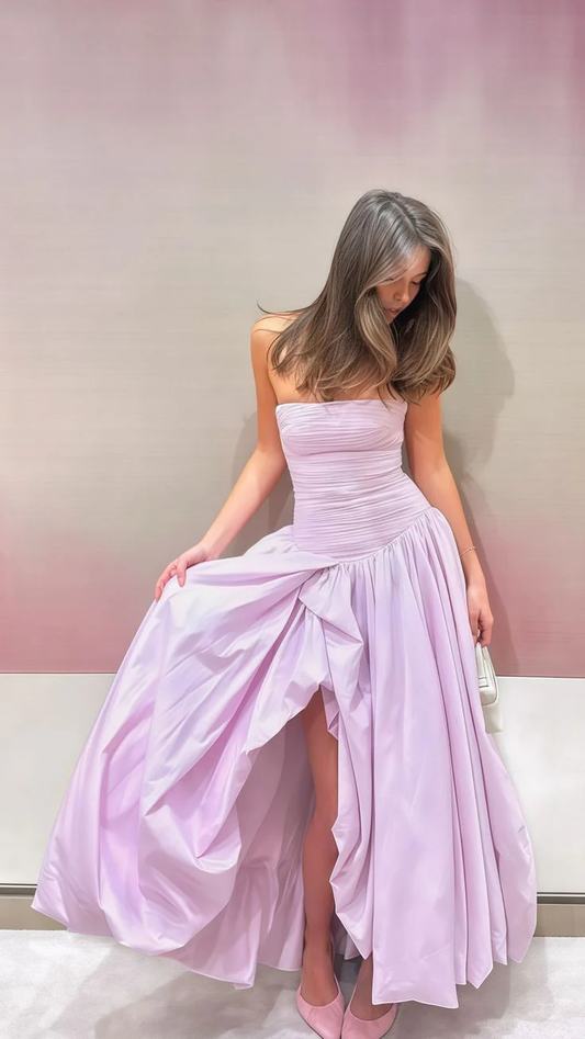Strapless Lilac Pleated Slit Party Dress,Formal Prom Gown Birthday Party Dress