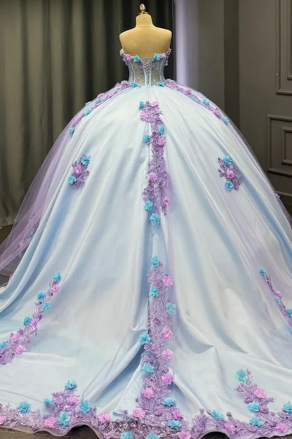 Strapless Sleeveless Beaded 3D Appliques Purple Sweet 15 Quinceañera Dress