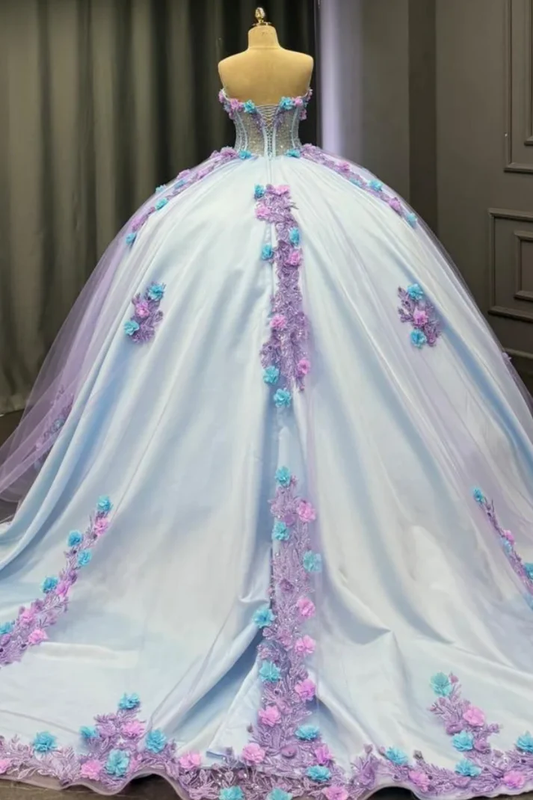 Strapless Sleeveless Beaded 3D Appliques Purple Sweet 15 Quinceañera Dress