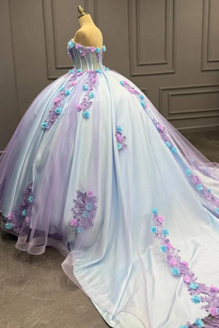 Strapless Sleeveless Beaded 3D Appliques Purple Sweet 15 Quinceañera Dress