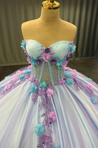 Strapless Sleeveless Beaded 3D Appliques Purple Sweet 15 Quinceañera Dress